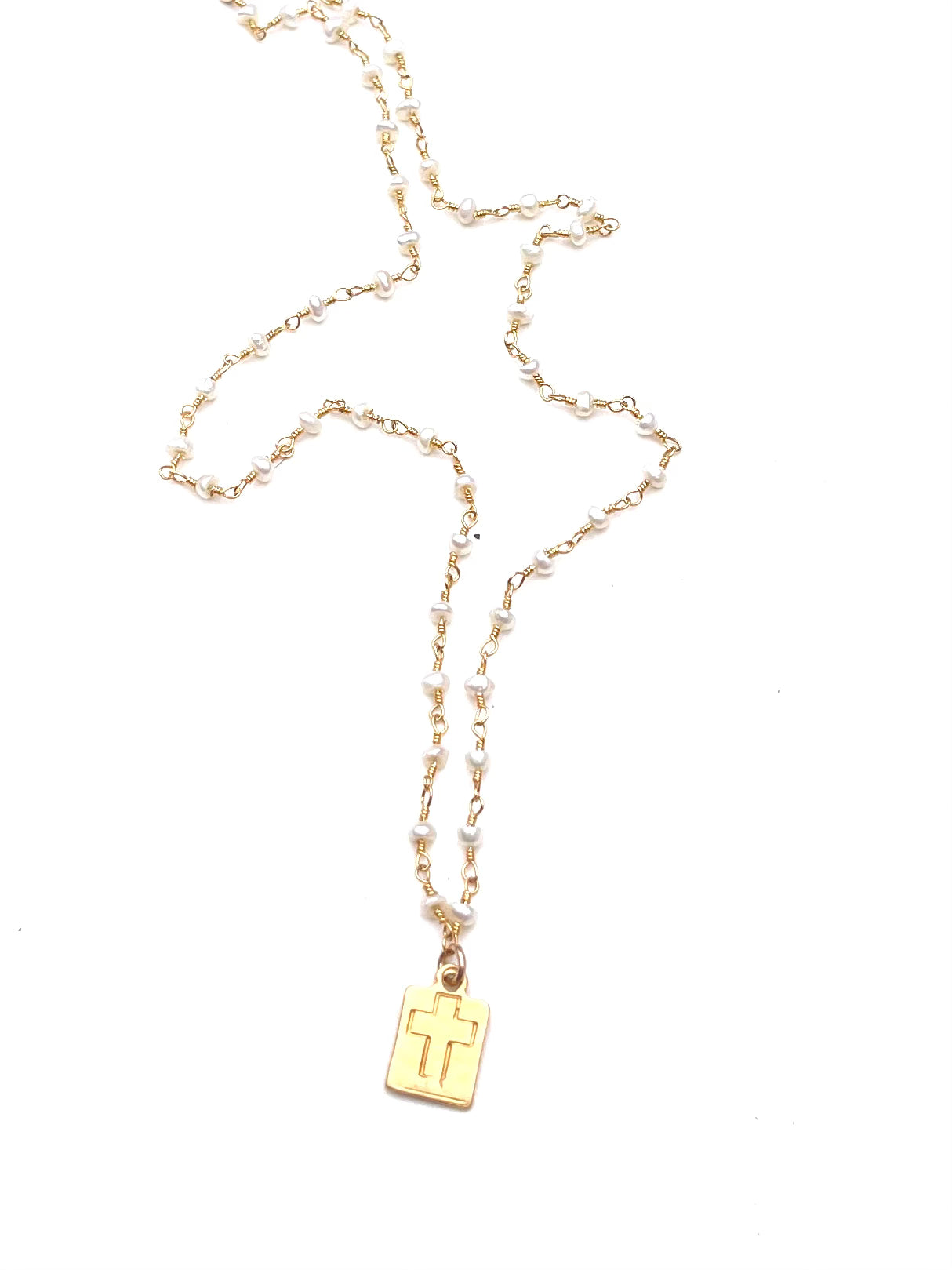 Mini Pearl Cross - pearl rosary necklace with vermeil cross pendant
