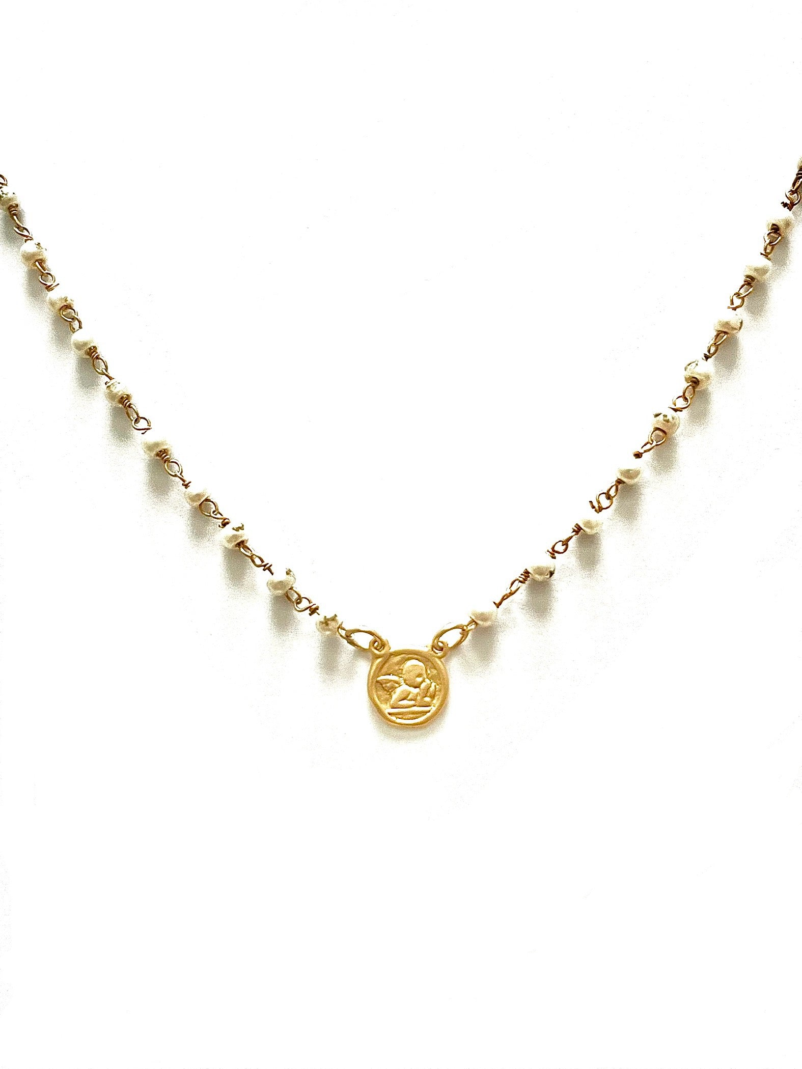 Cherub - pearl rosary necklace with vermeil cherub pendant