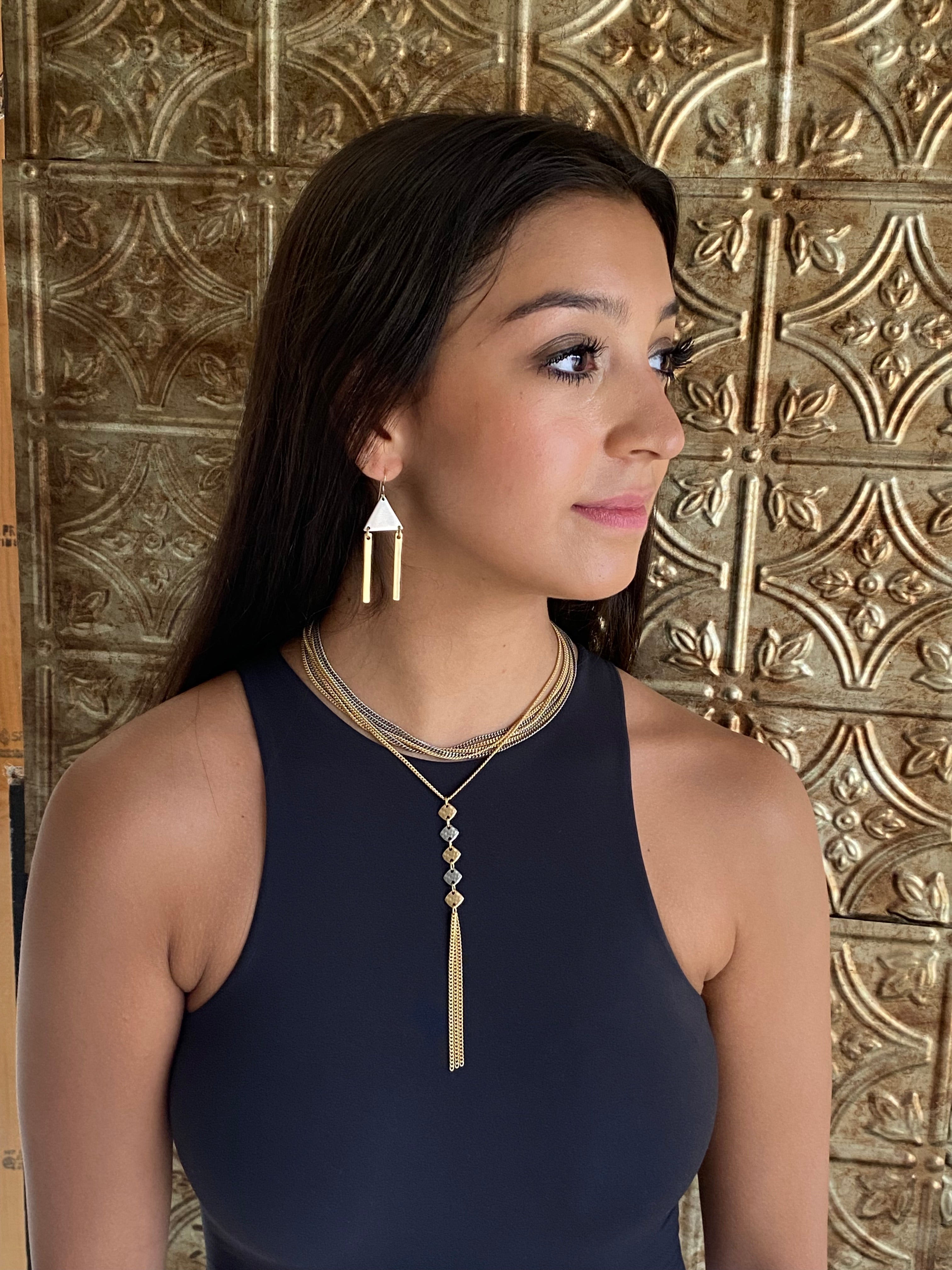 Maya-N – two-tone necklace with geometric accents and tassel drop