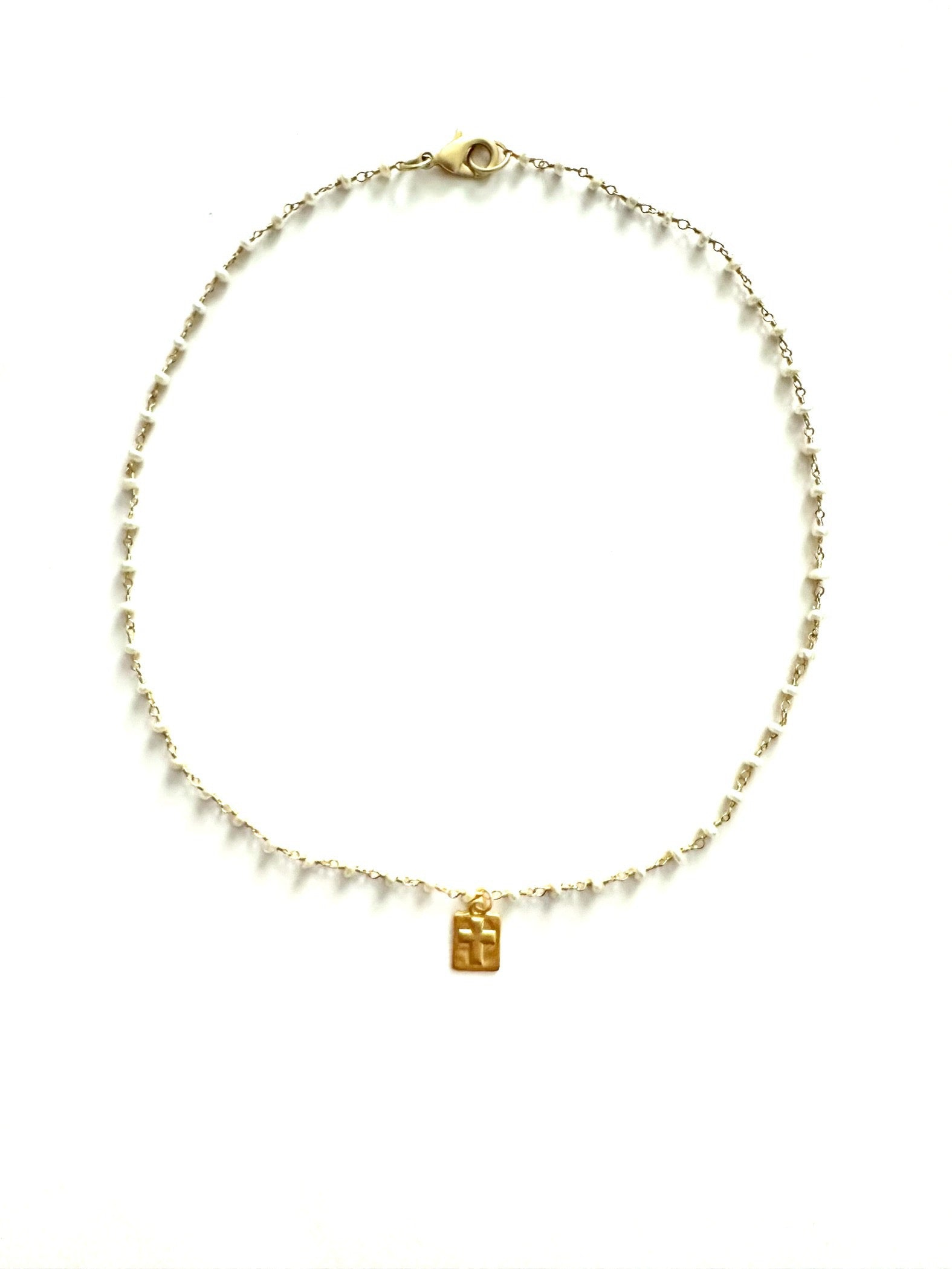 Mini Pearl Cross - pearl rosary necklace with vermeil cross pendant