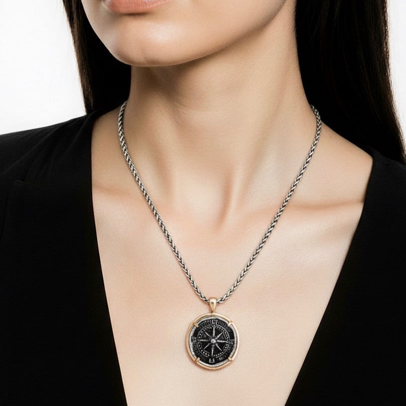 Compass necklace with bezel set compass pendant
