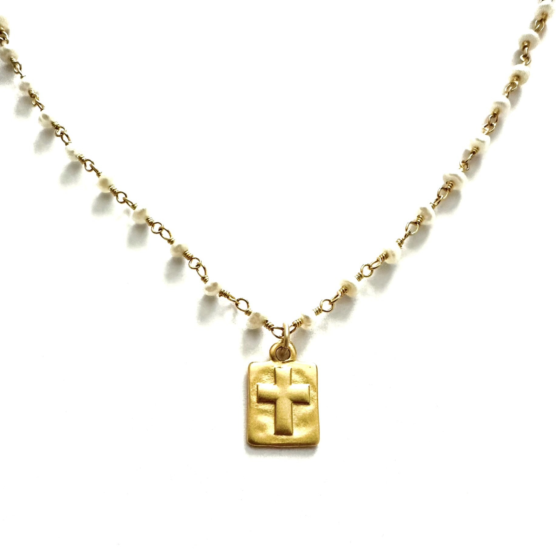 Mini Pearl Cross - pearl rosary necklace with vermeil cross pendant