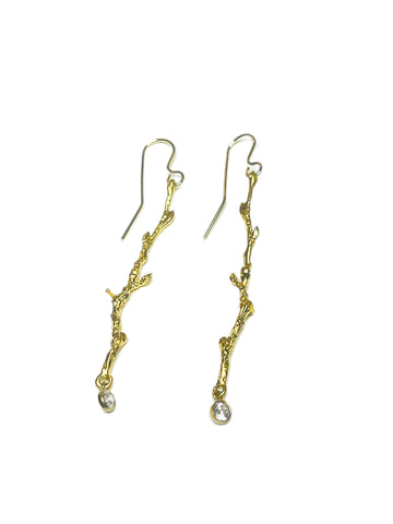 Willow – gold twig earrings with bezel set CZ drop
