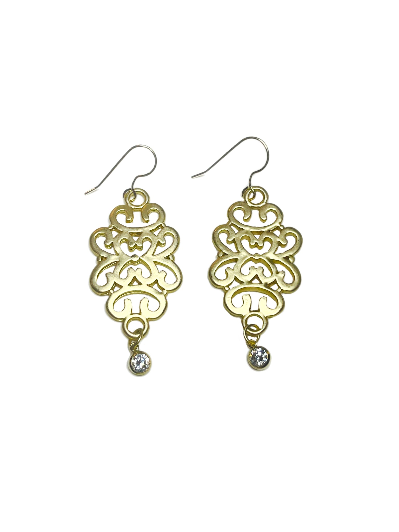Holly - Filigree matte gold earrings with bezel set cz drops