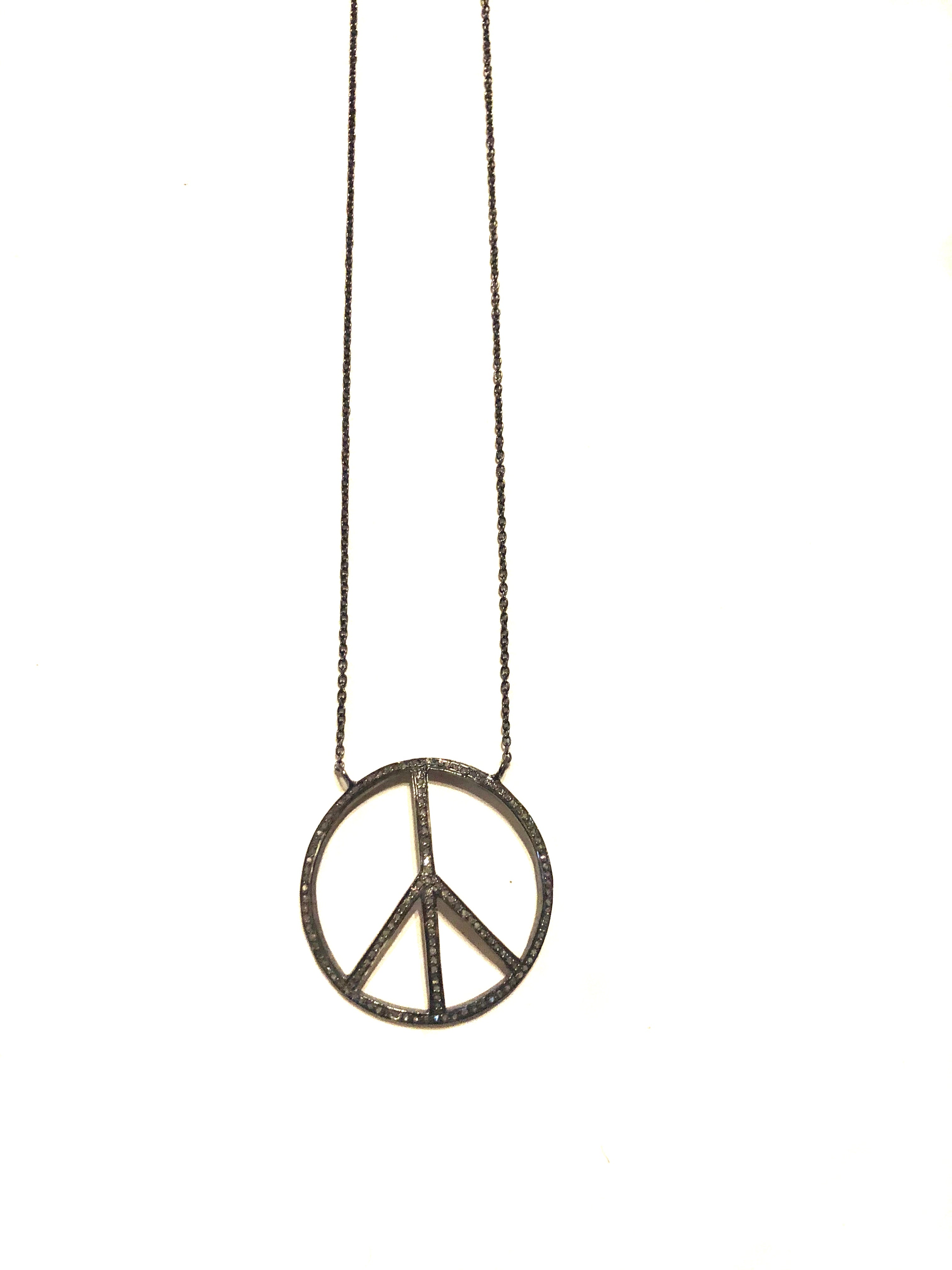 Peace Out - oxidized sterling silver necklace with diamond peace out pendant
